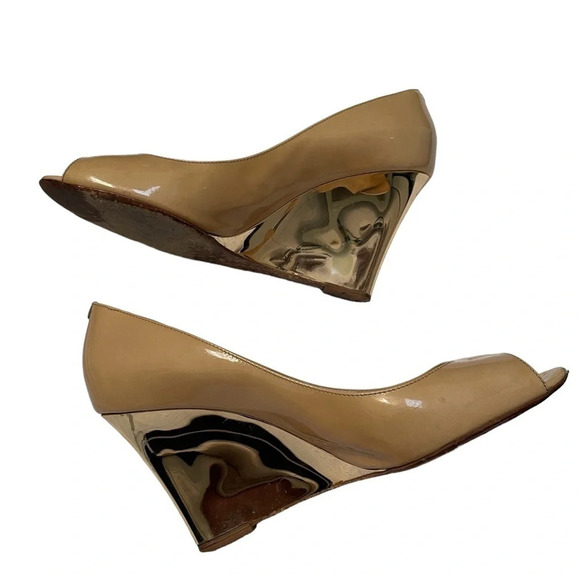 JIMMY CHOO PATENT PEEP TOE CHROME WEDGES - Picture 1 of 7